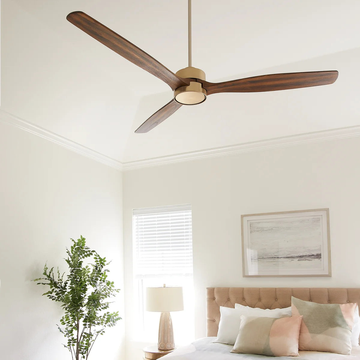 Quorum Reni 21653-80 Indoor Smart Ceiling Fan 65 Inch 3 Blade - Aged Brass, Walnut Wood Blades