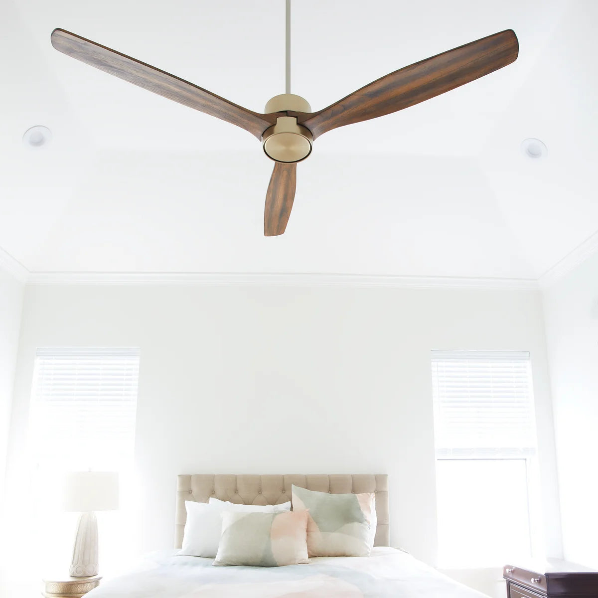 Quorum Reni 21653-80 Indoor Smart Ceiling Fan 65 Inch 3 Blade - Aged Brass, Walnut Wood Blades