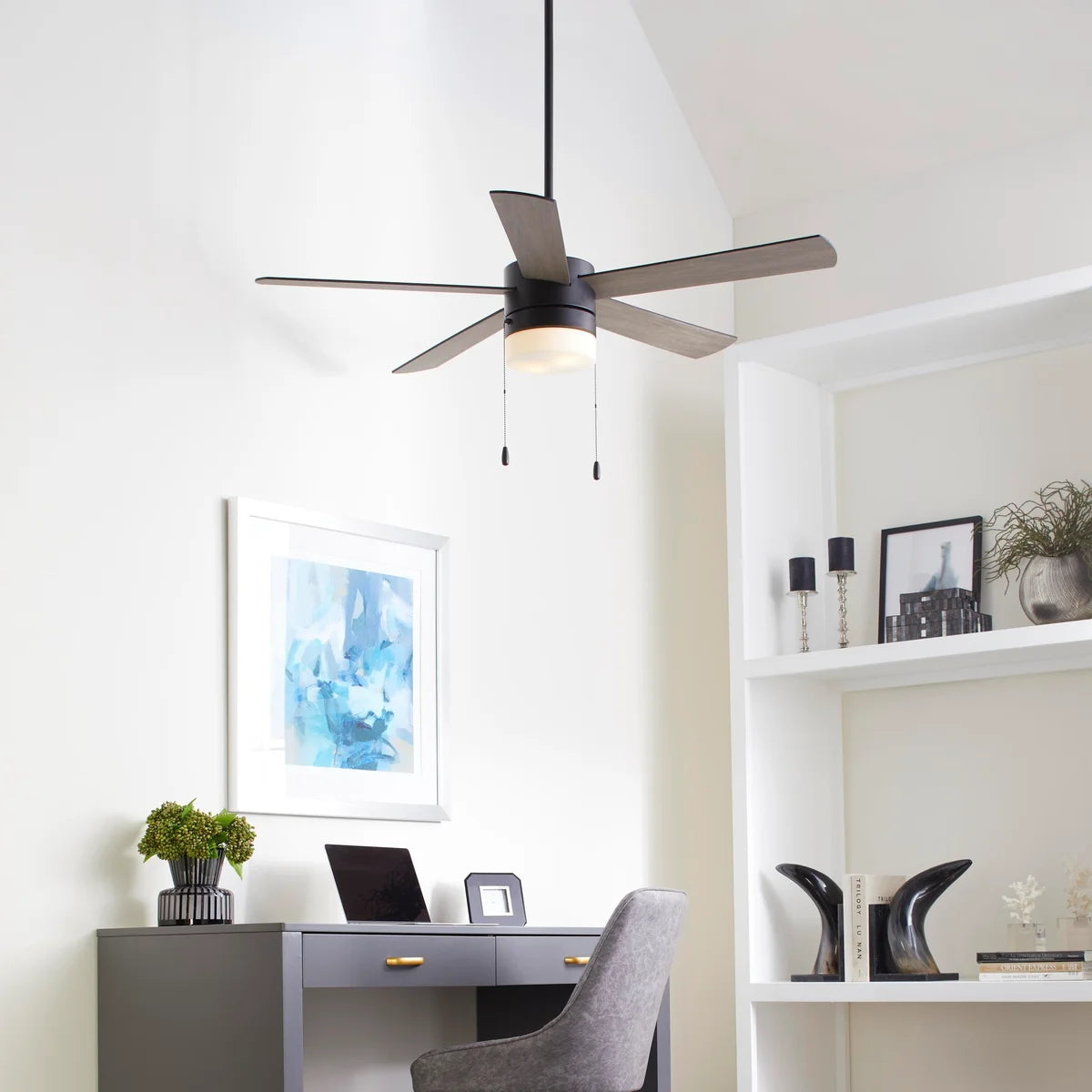 Quorum Maxwell 37525-59 Ceiling Fan 52 Inch with Light and Pull Chains Frosted White Shade Modern  - Matte Black
