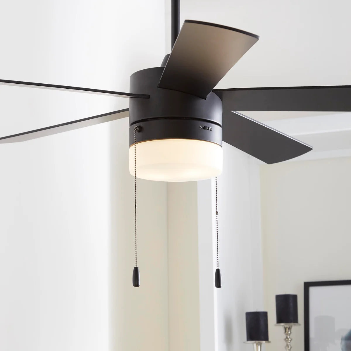Quorum Maxwell 37525-59 Ceiling Fan 52 Inch with Light and Pull Chains Frosted White Shade Modern  - Matte Black