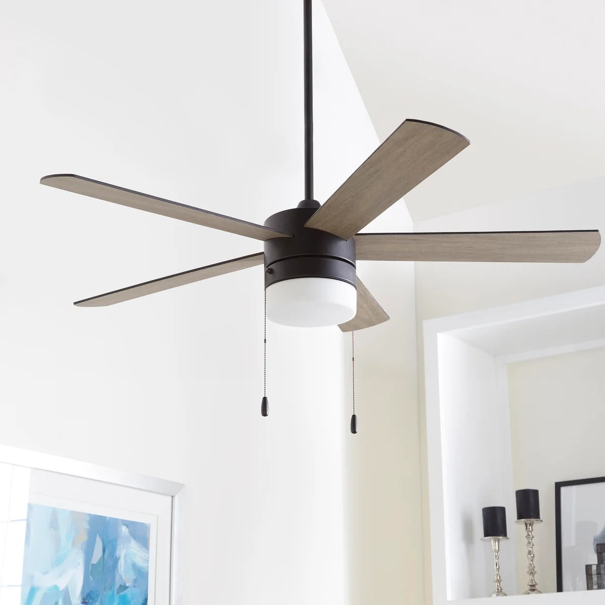 Quorum Maxwell 37525-59 Ceiling Fan 52 Inch with Light and Pull Chains Frosted White Shade Modern  - Matte Black
