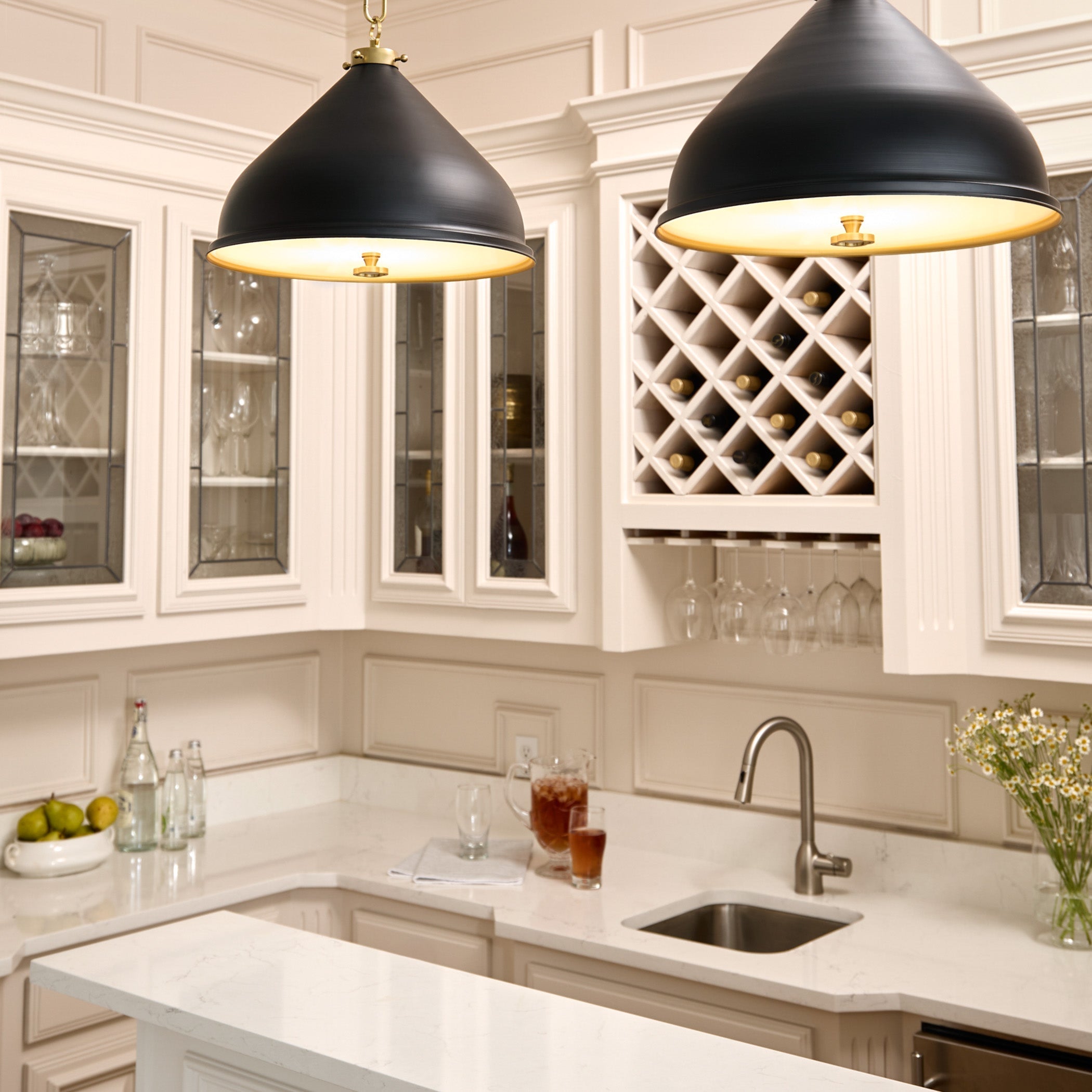 Quorum Bonnel 6863-16-5980 Pendant, UL Damp Rated, Matte Black|Aged Brass