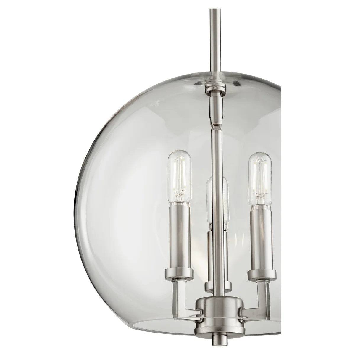 Quorum 873-3-65 Pendant 3 Light with 12 Inch Clear Glass Globe Transitional - Satin Nickel