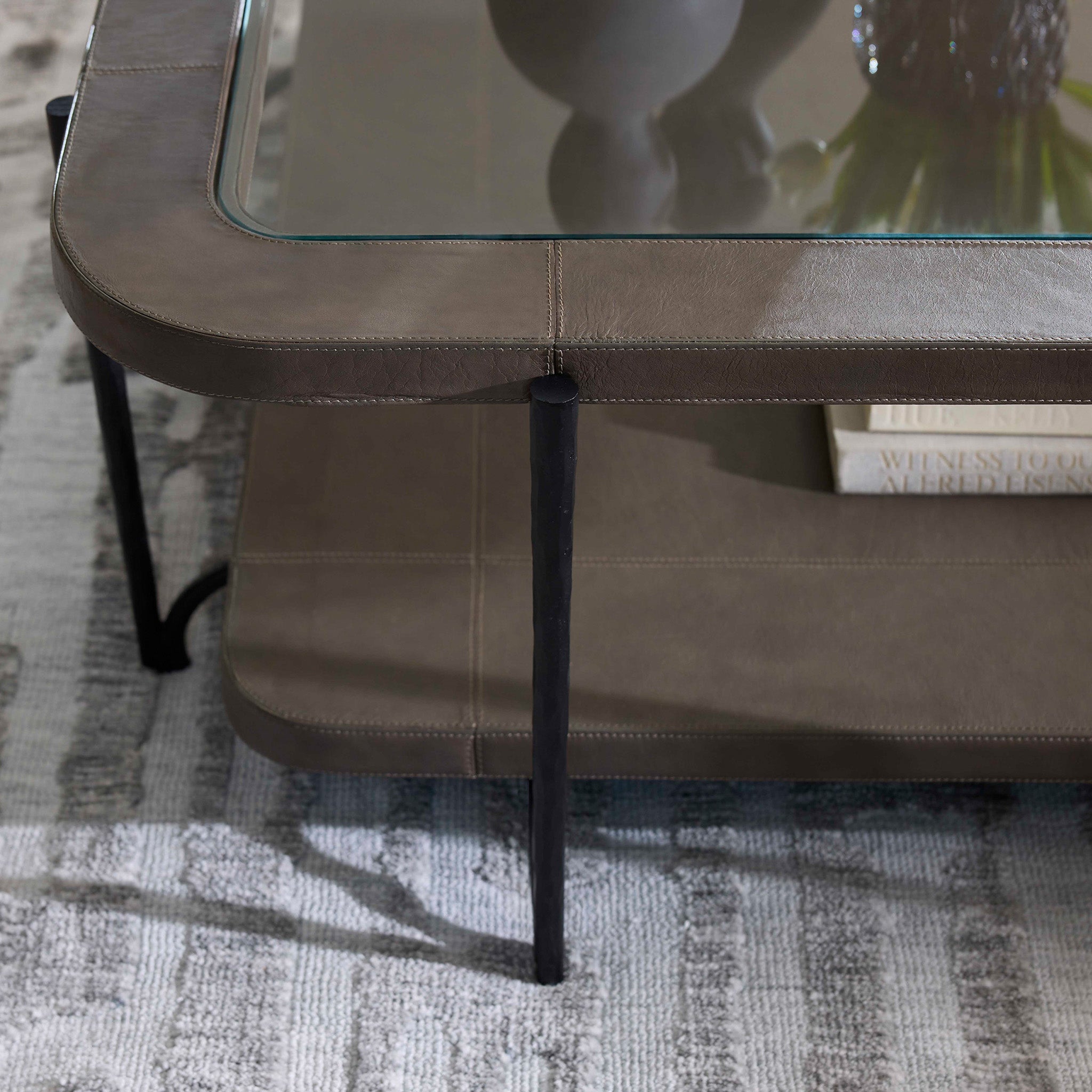 Cyan Design Tierras 12000 Cocktail Table, Hand-Wrapped Leather, Smoked Grey