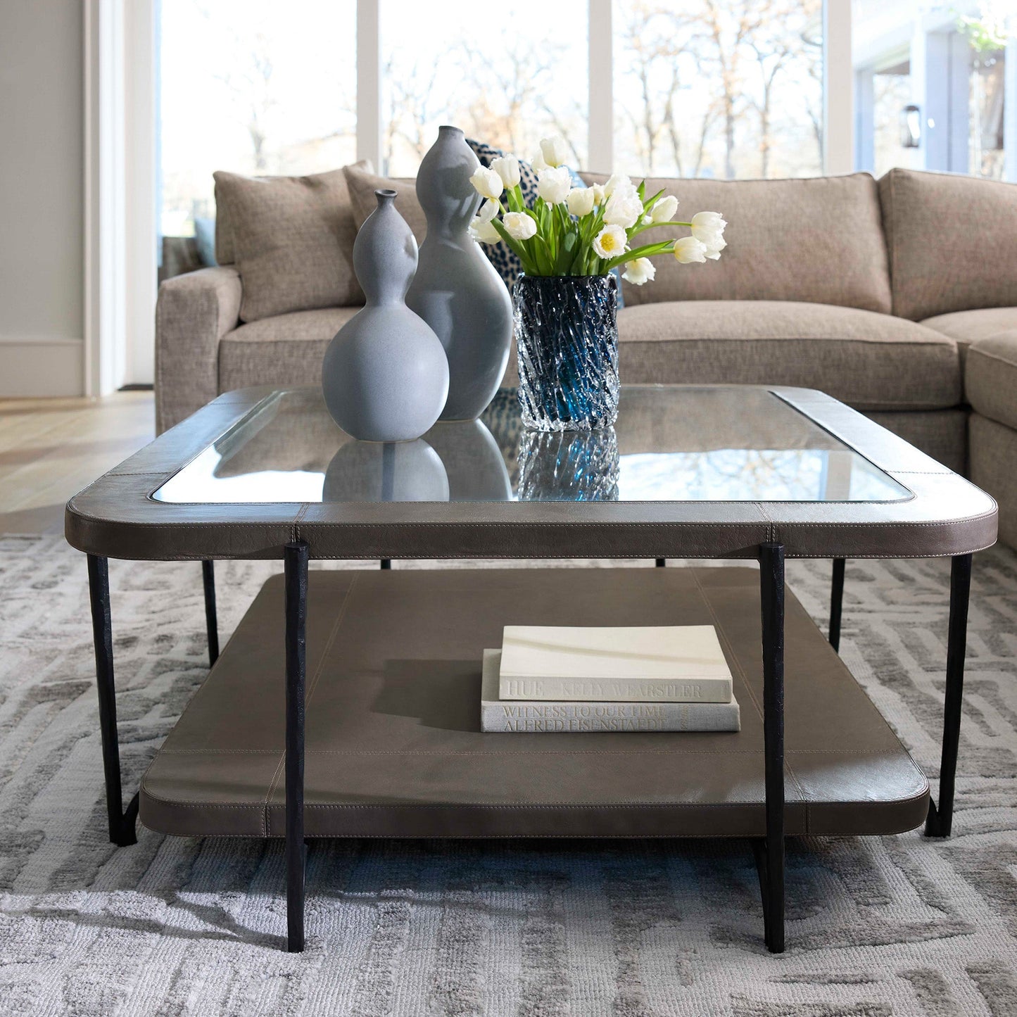 Cyan Design Tierras 12000 Cocktail Table, Hand-Wrapped Leather, Smoked Grey