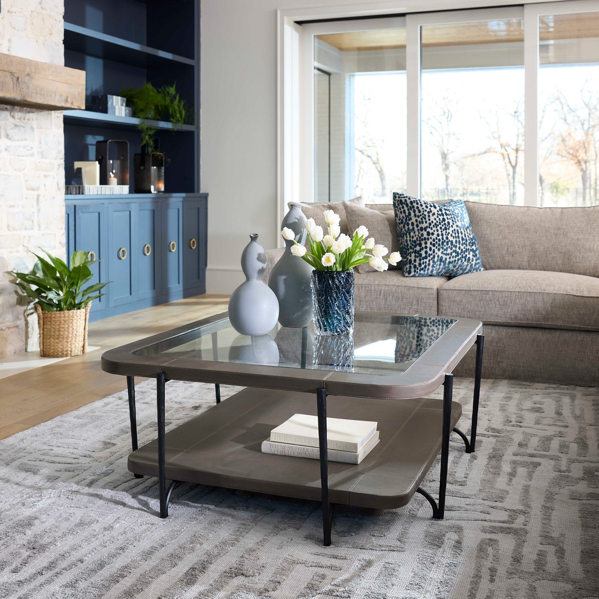 Cyan Design Tierras 12000 Cocktail Table, Hand-Wrapped Leather, Smoked Grey