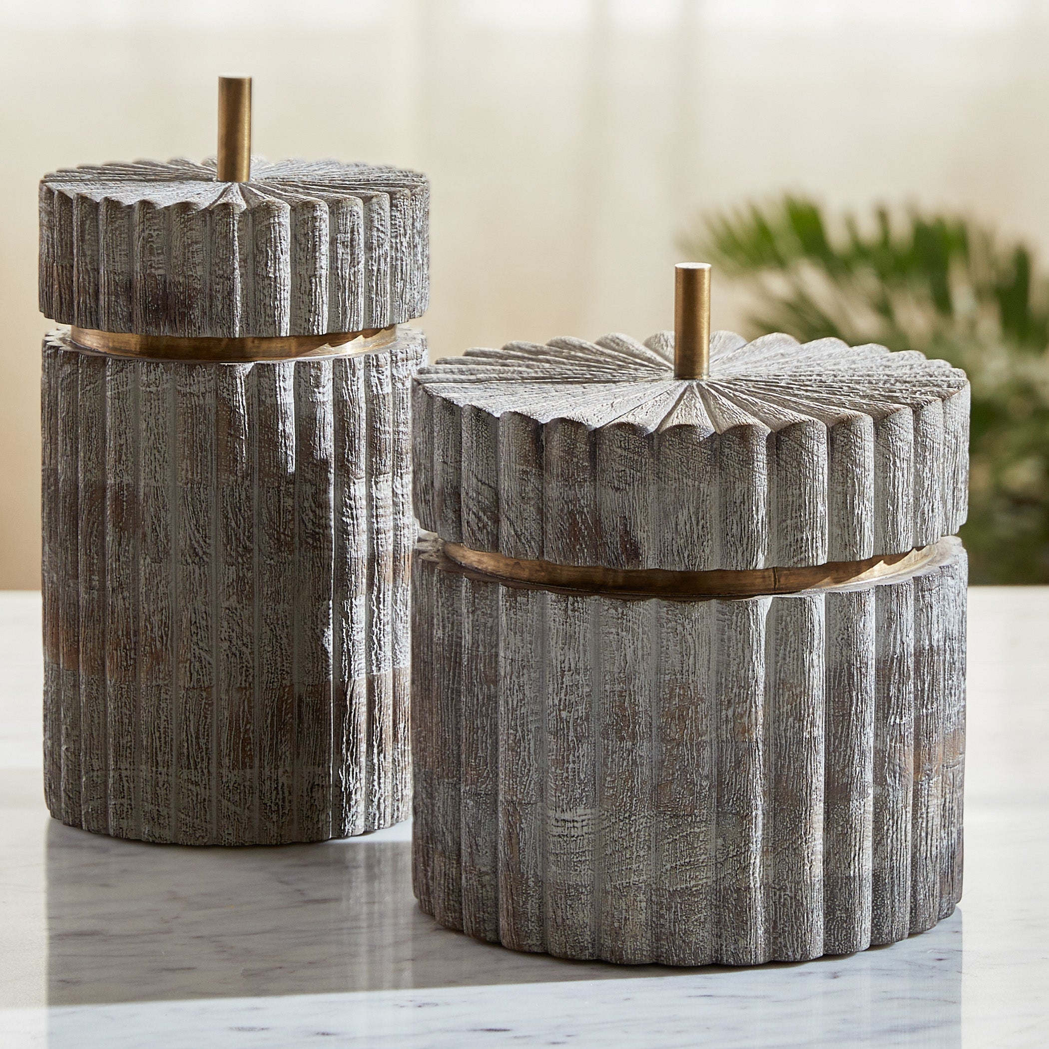 Cyan Design 12021 Container, Hand-Carved Ardu Wood, Distressed Taupe | Brass