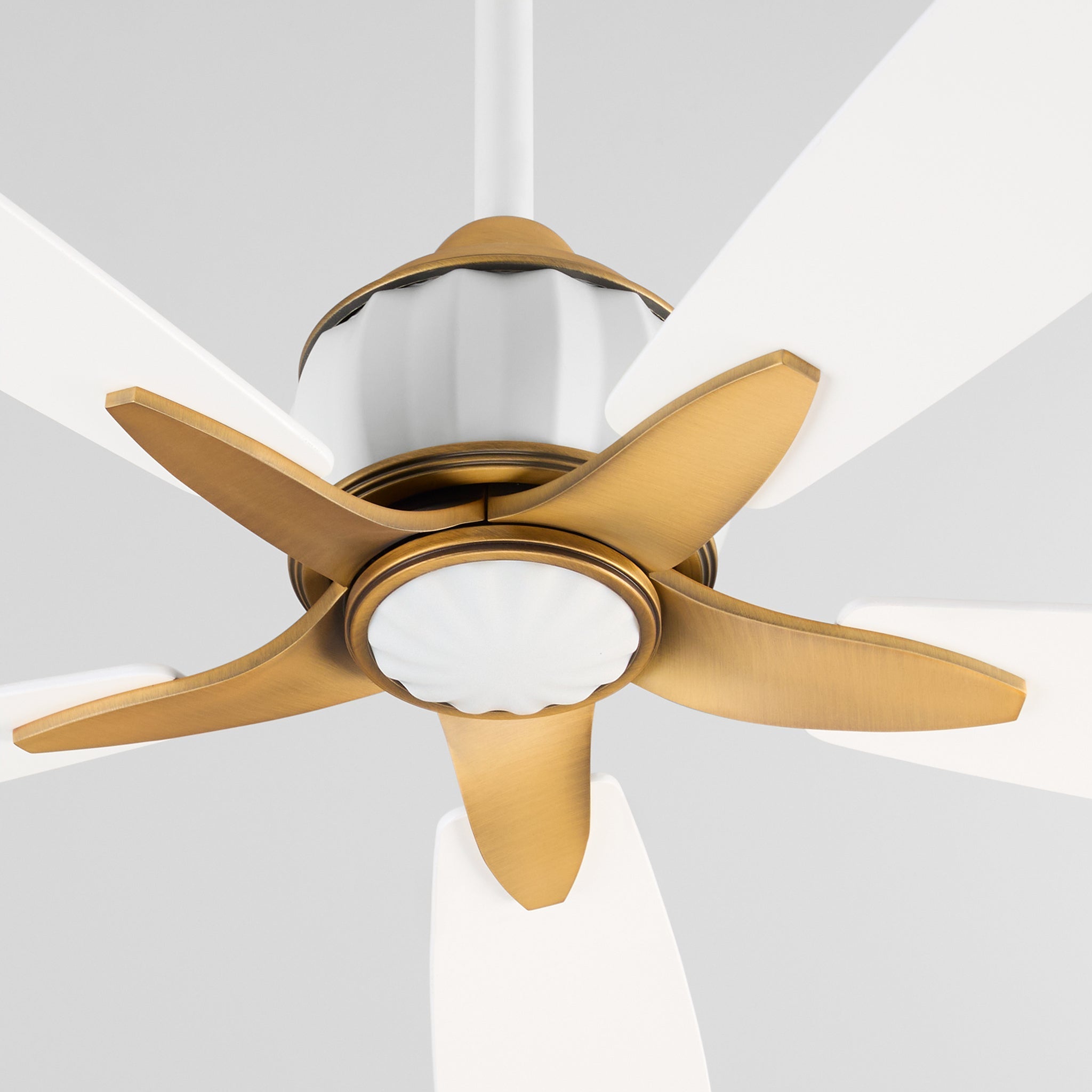 Quorum 23605-0847 Ceiling Fan, UL Dry Rated, Studio White | Brushed Brass