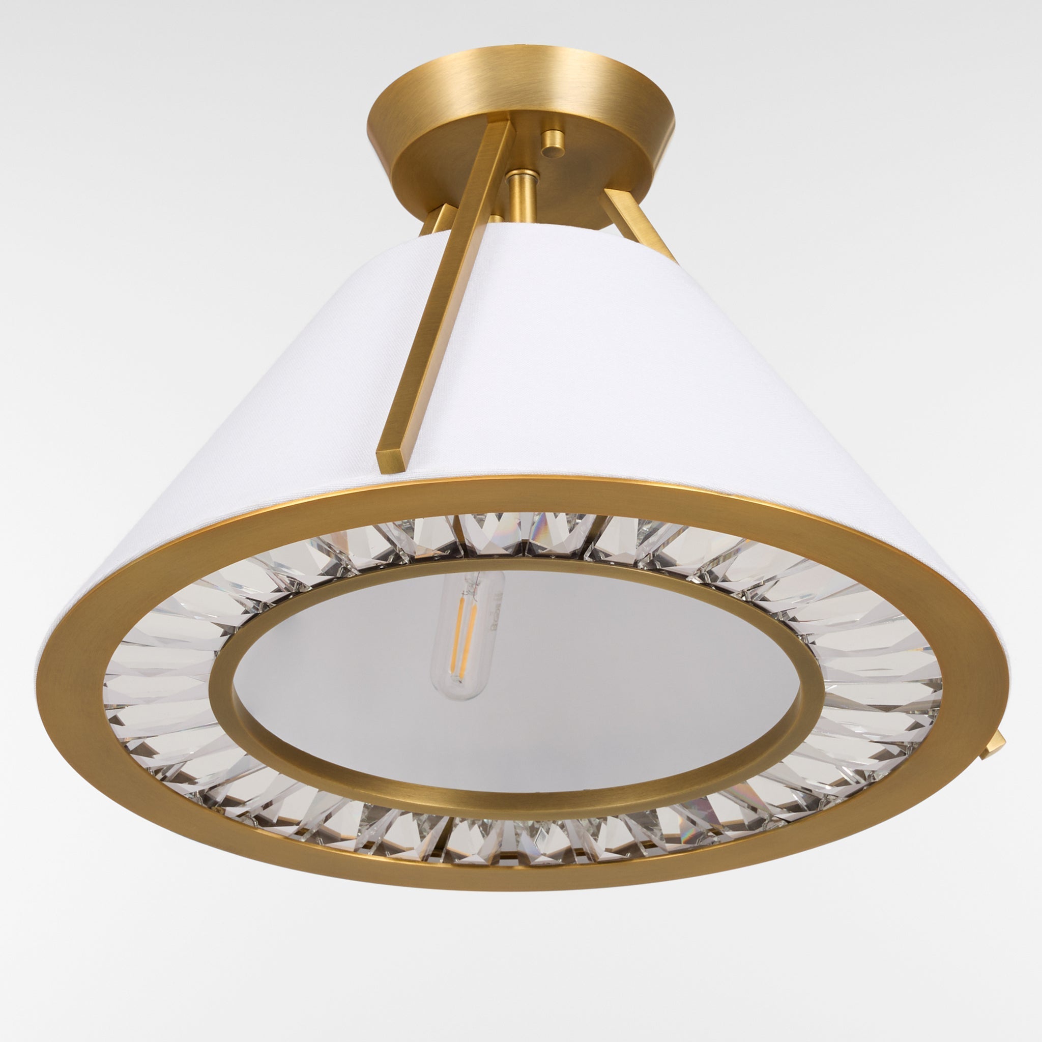 Quorum Gorham 2382-3-47 Ceiling Mount Light, 3 Candelabra Lights - Brushed Brass, White Fabric Shade