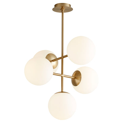 Oxygen Lighting Luna 3-681-40 Pendant 5 Light with 8 Inch White Opal Glass Shades Modern - Aged Brass