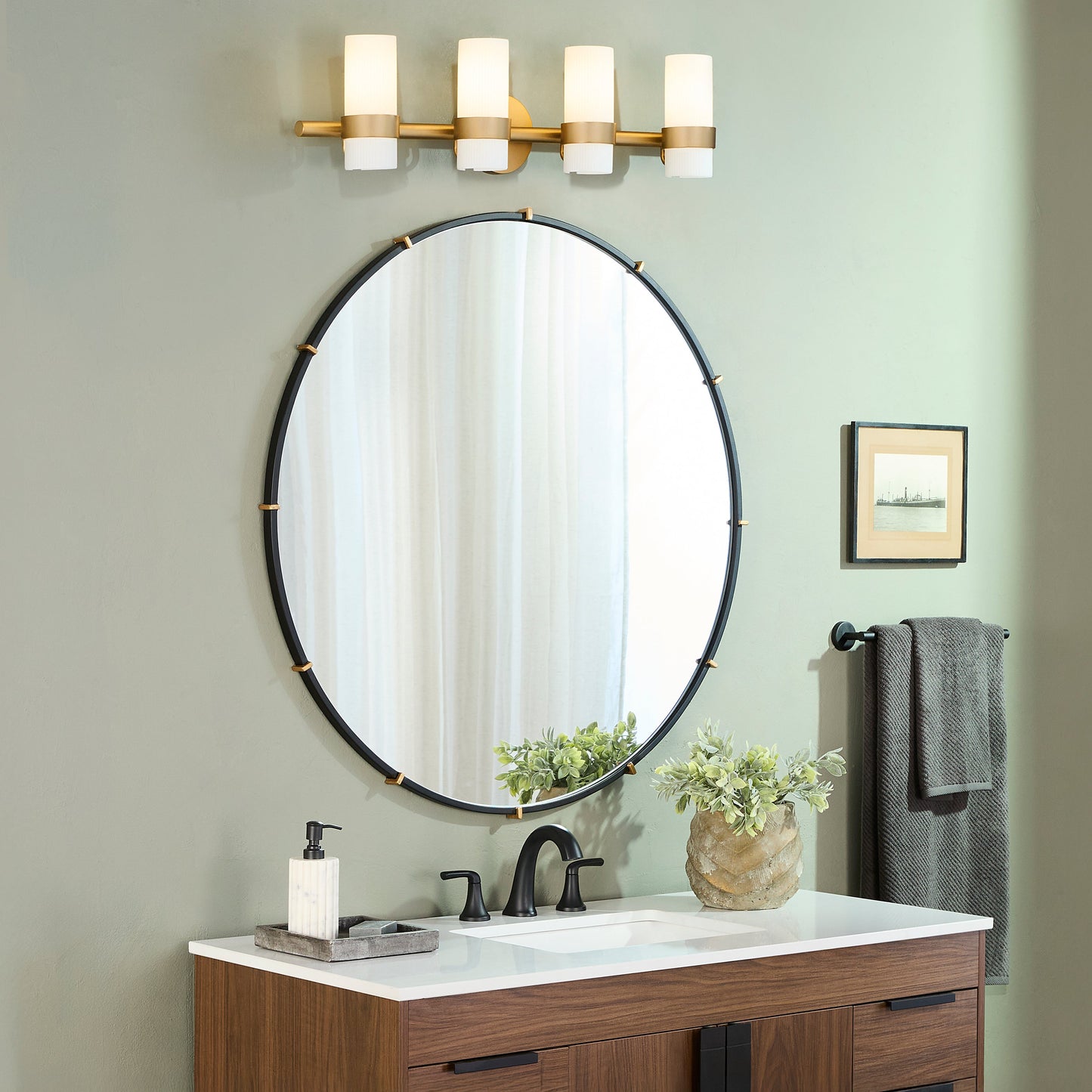 Quorum Sojourn 5169-4-47 Vanity Light Fixture, UL Damp Rated, Brushed Brass