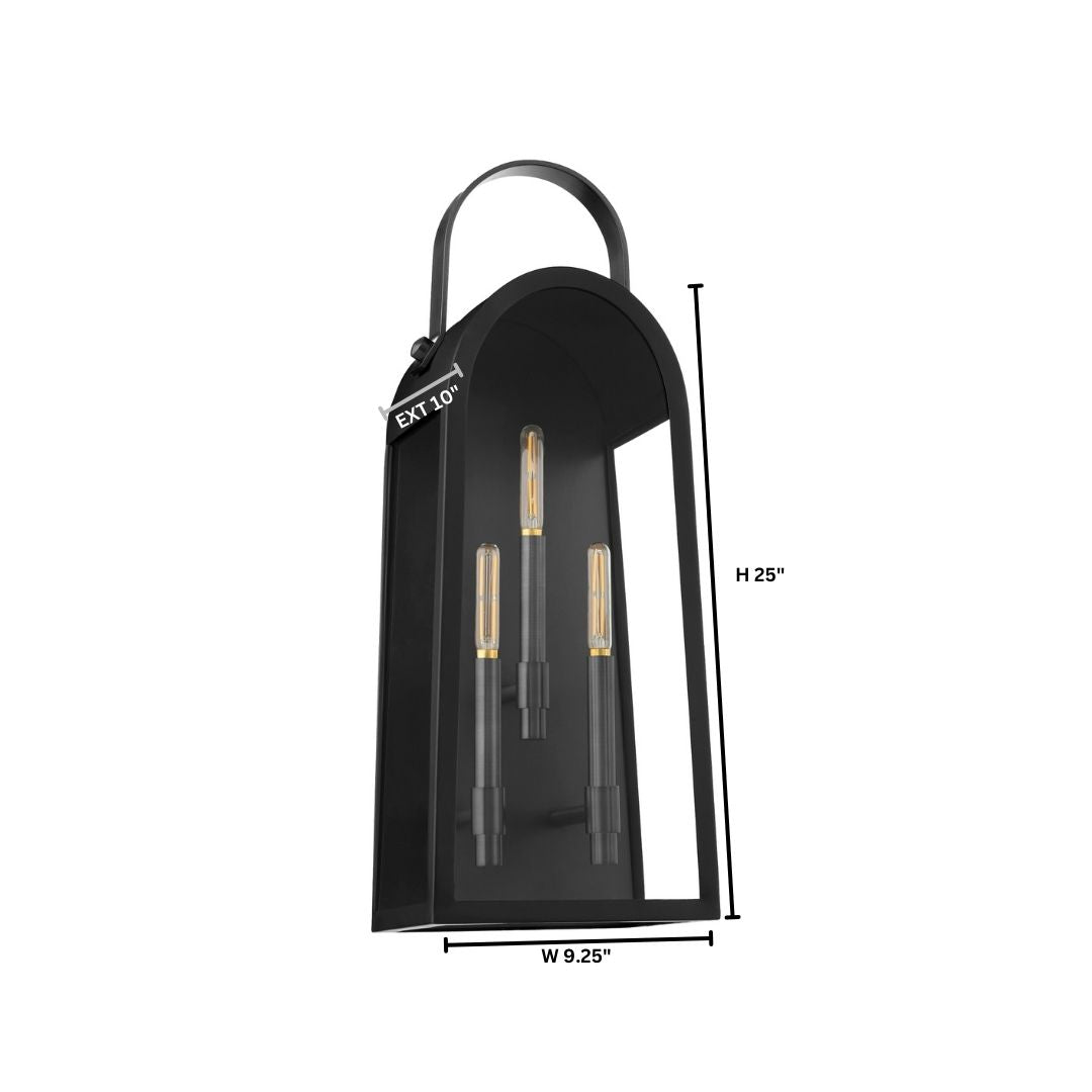 Quorum International ROSSI 72-25-59 Outdoor 25 Inch 3 Light Lantern Sconce with Clear Glass - Matte Black