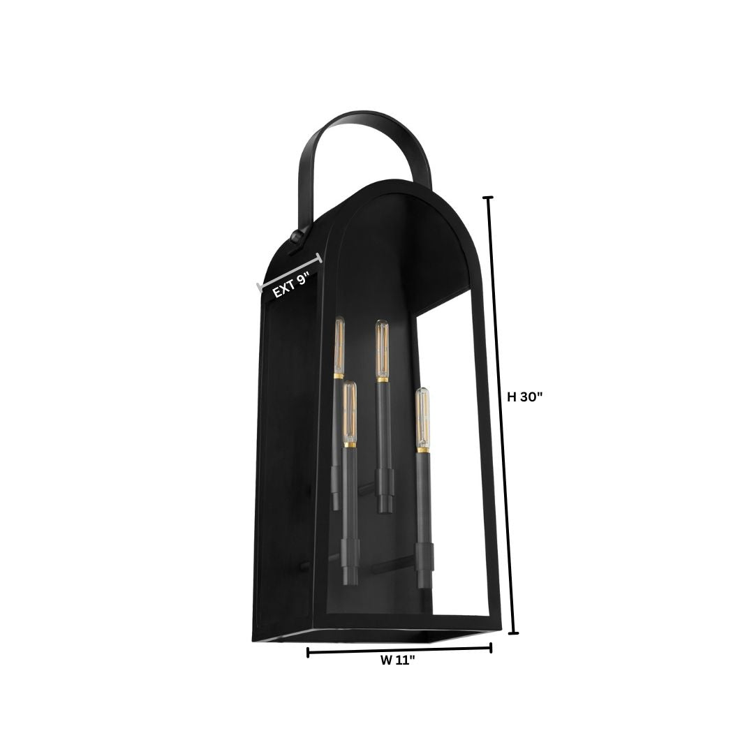 Quorum International ROSSI 72-30-5982 Outdoor 30 Inch 4 Light Lantern Sconce with Clear Glass - Matte Black With Aged Copper