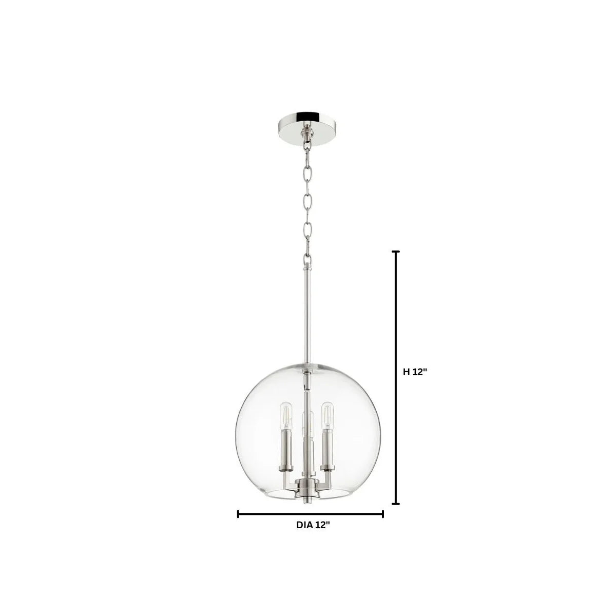 Quorum 873-3-62 Pendant 3 Light with 12 Inch Clear Glass Globe Transitional - Polished Nickel