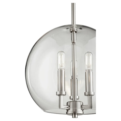 Quorum 873-3-65 Pendant 3 Light with 12 Inch Clear Glass Globe Transitional  - Satin Nickel