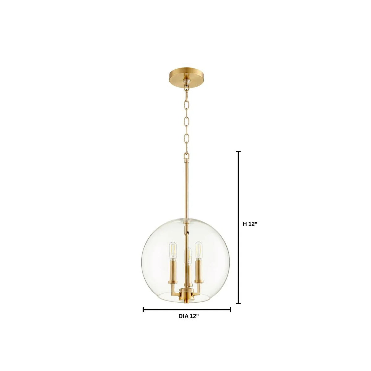 Quorum 873-3-80 Pendant 3 Light with 12 Inch Clear Glass Globe Transitional - Aged Brass