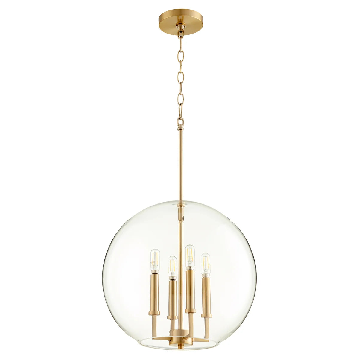 Quorum 873-4-80 Pendant 4 Light with 16 Inch Clear Glass Globe Transitional - Aged Brass