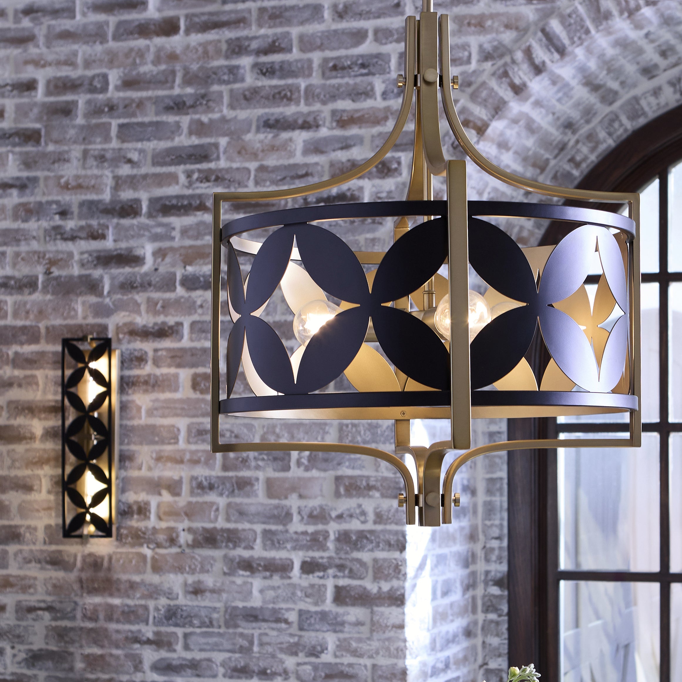 Quorum International MARIPOSA 883-3-5980 3 Light Pendant - Matte Black With Aged Brass