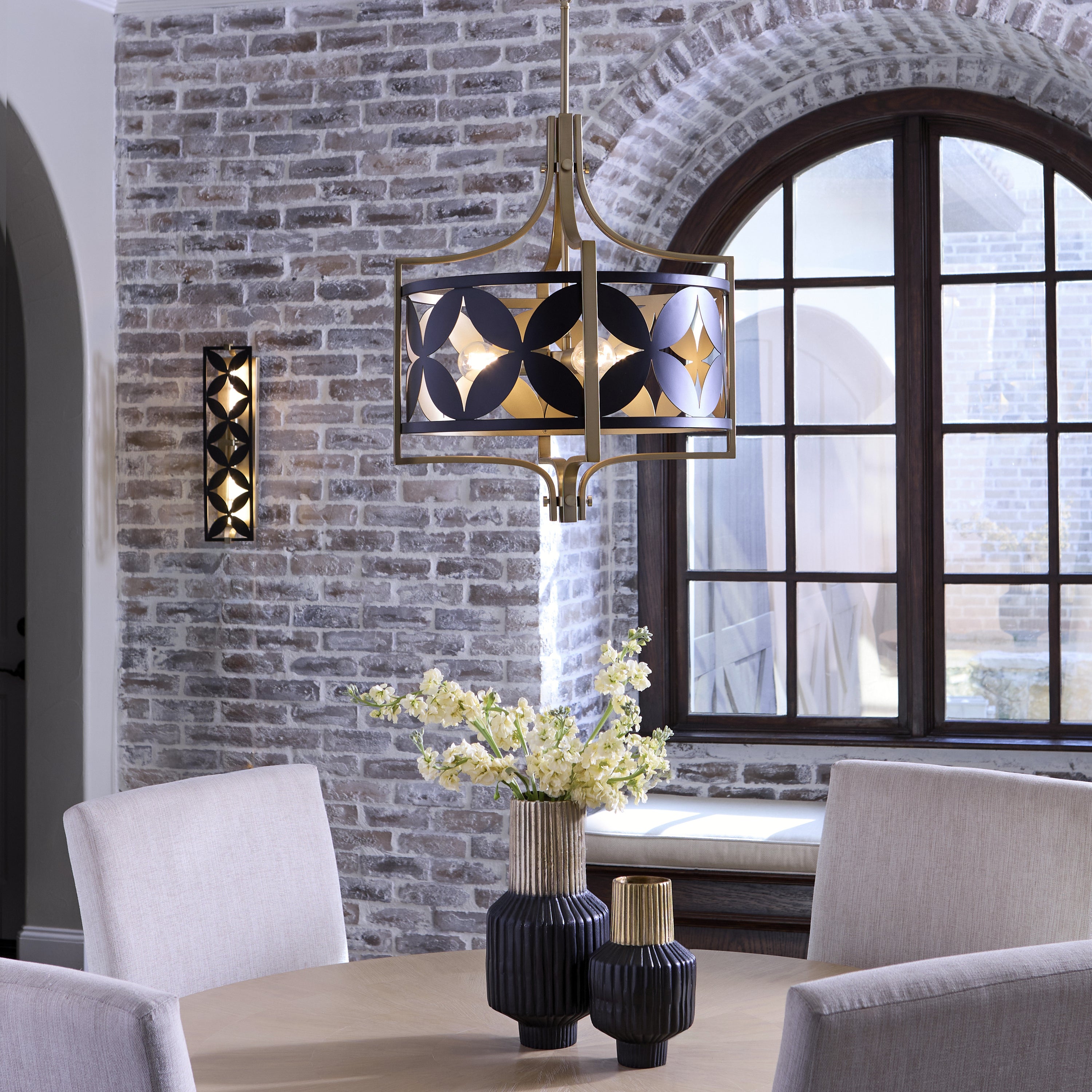 Quorum International MARIPOSA 883-3-5980 3 Light Pendant - Matte Black With Aged Brass