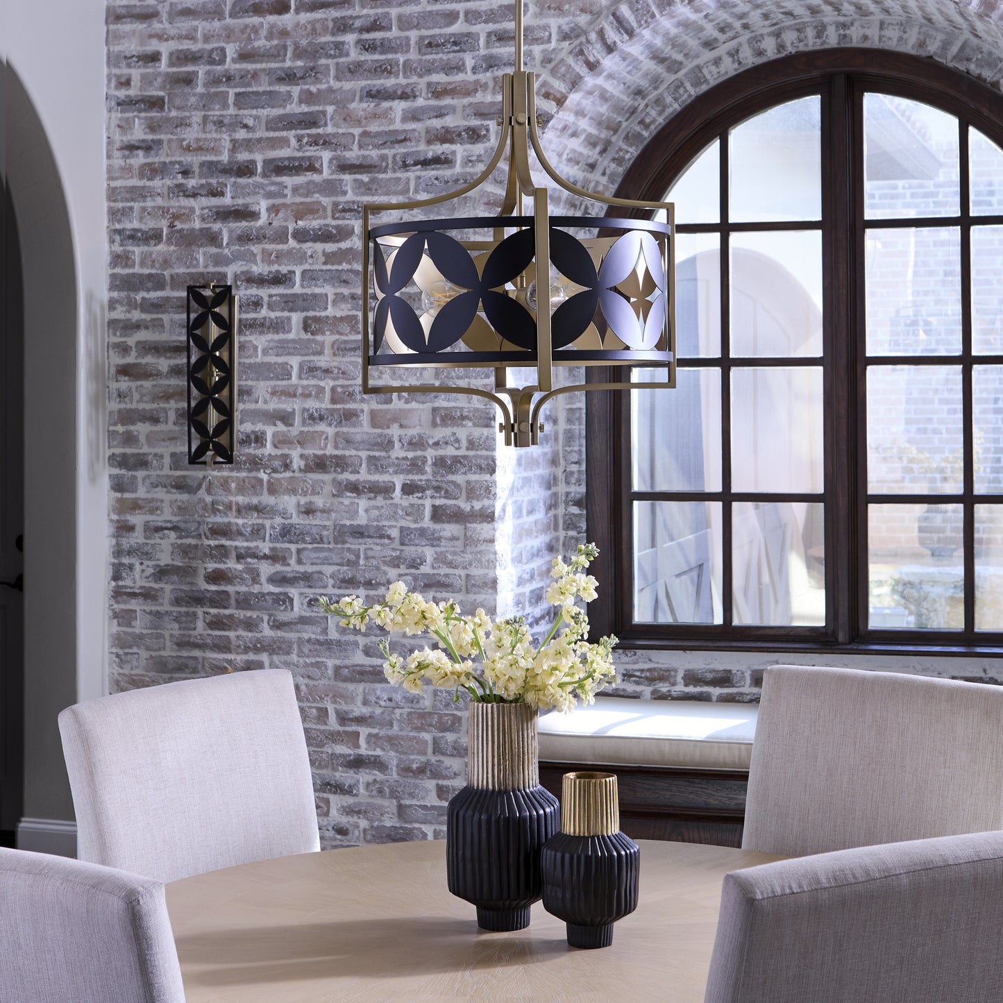 Quorum International MARIPOSA 883-3-5980 3 Light Pendant - Matte Black With Aged Brass