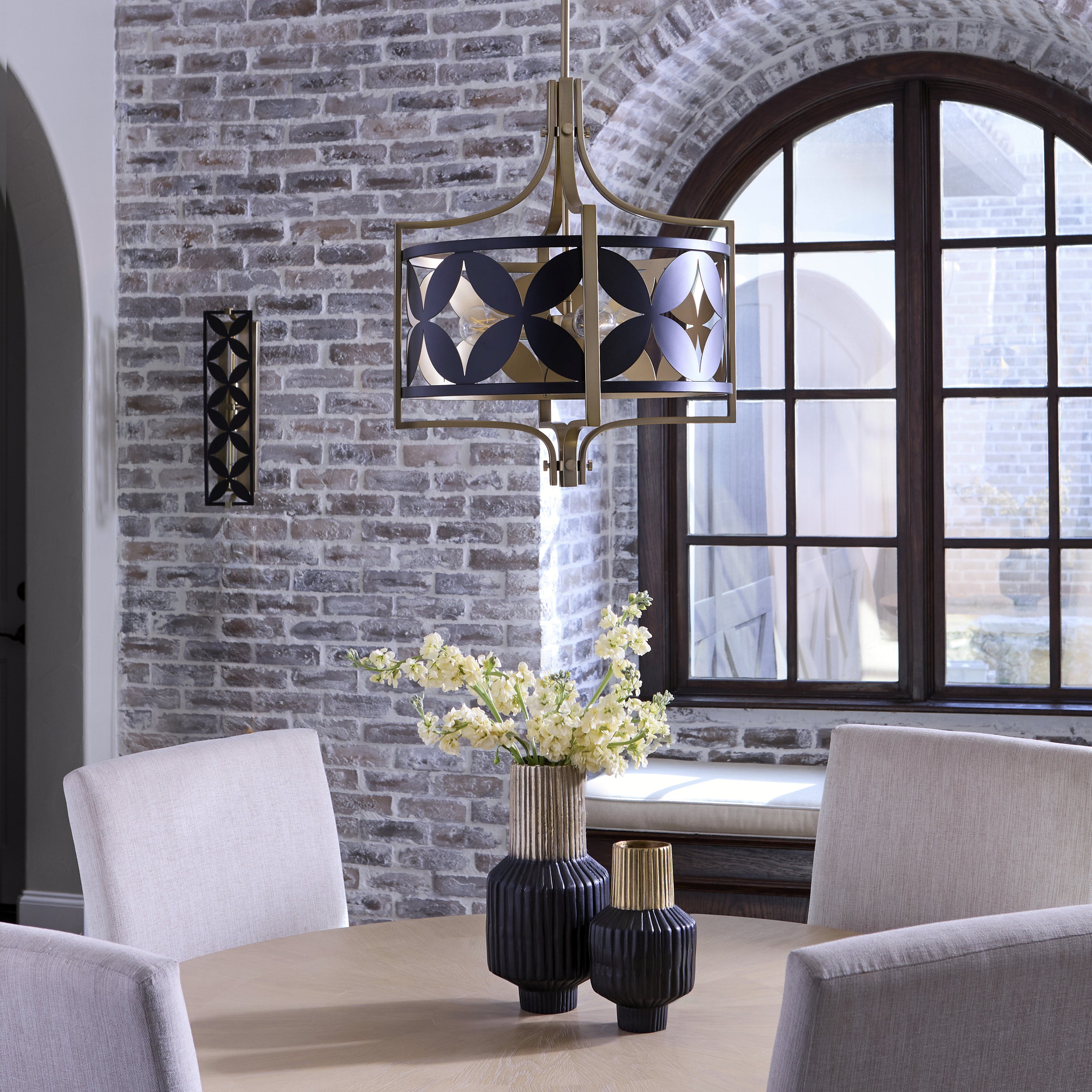 Quorum International MARIPOSA 883-3-5980 3 Light Pendant - Matte Black With Aged Brass