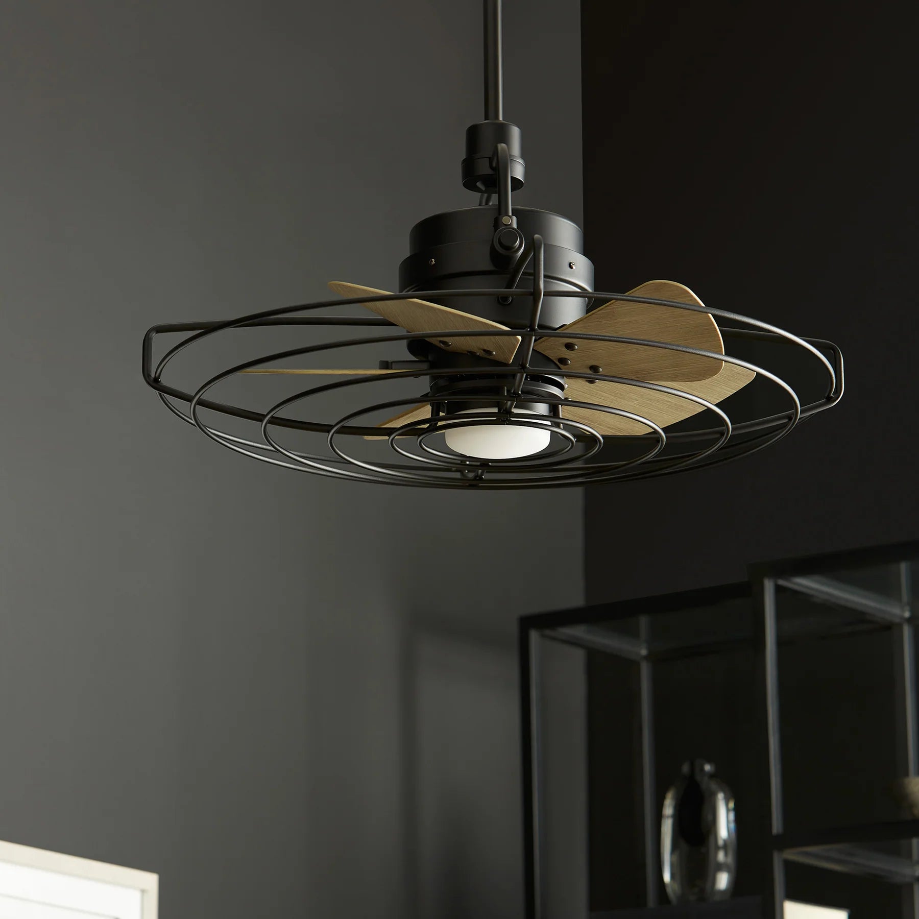 Quorum BANDIT 22245-69 Small Patio Ceiling Fan with LED Light, 24 inch, 4-Speed - Textured Black, Weathered Gray