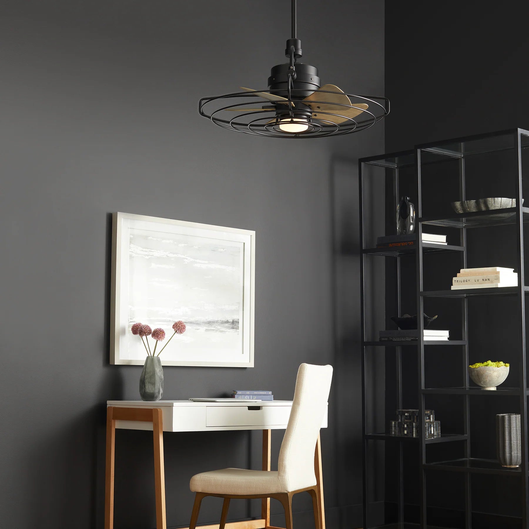 Quorum BANDIT 22245-69 Small Patio Ceiling Fan with LED Light, 24 inch, 4-Speed - Textured Black, Weathered Gray