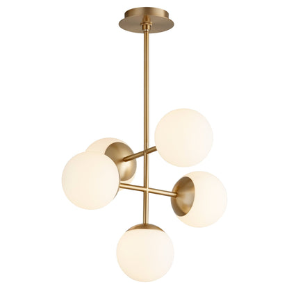 Oxygen Luna 3-680-40 Pendant 5 Light with 6 Inch White Opal Glass Shades Modern - Aged Brass